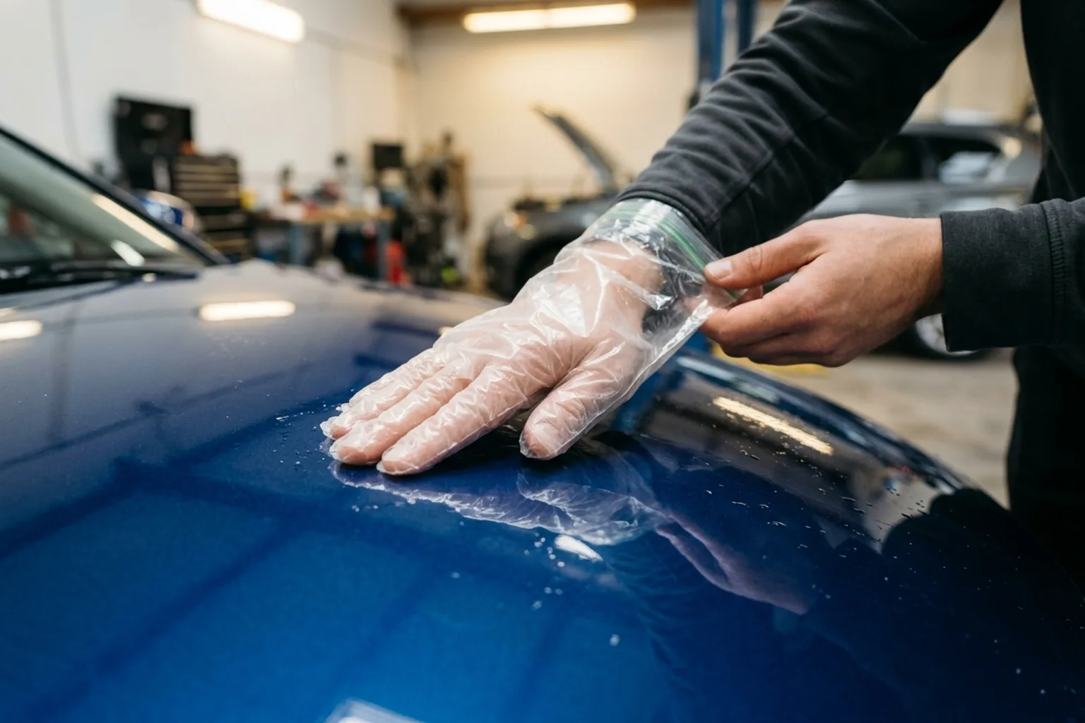 Performing the plastic sandwich bag test on clean paint to detect embedded fallout and grit