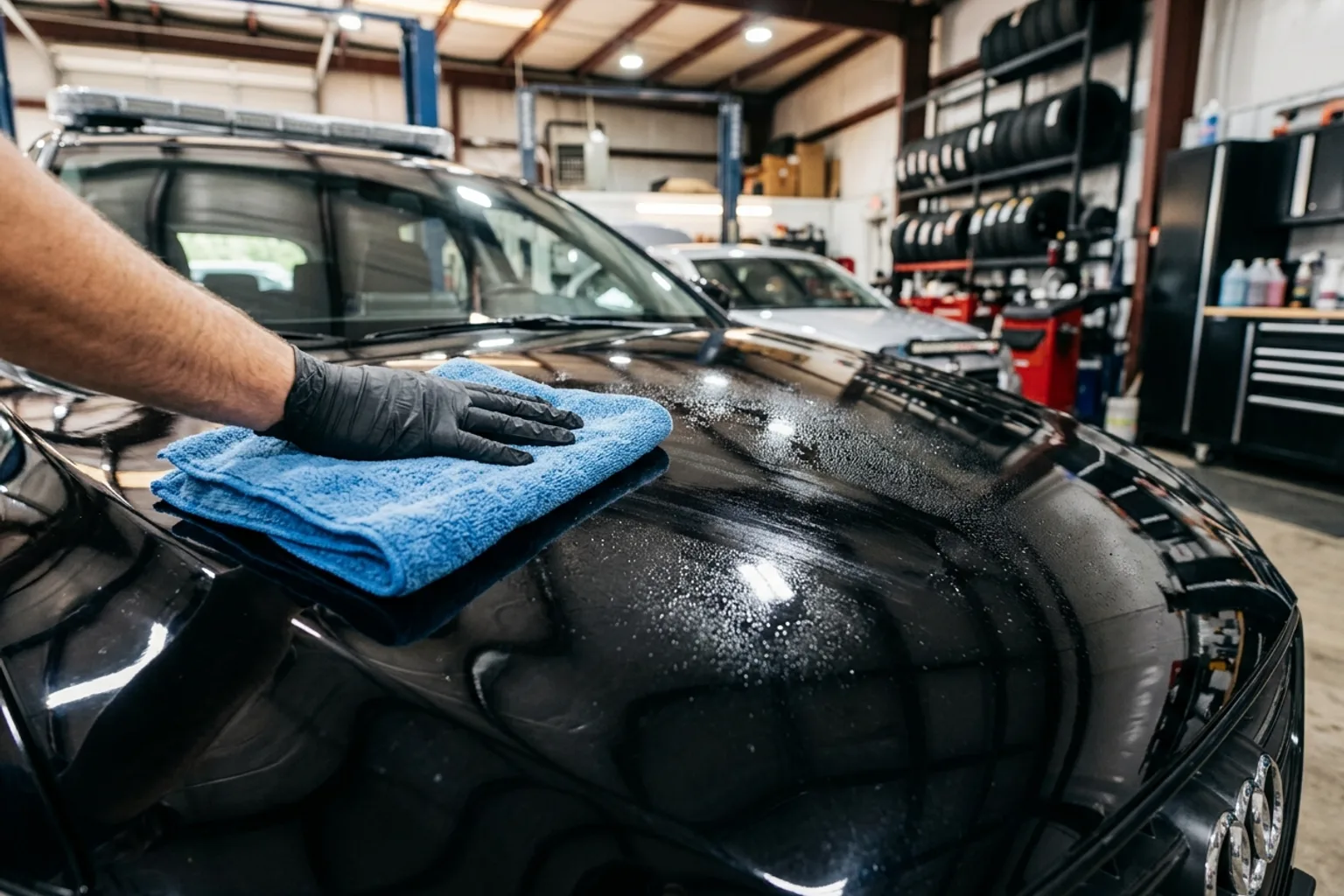 Leveling and buffing synthetic spray sealant with a clean microfiber buffing towel