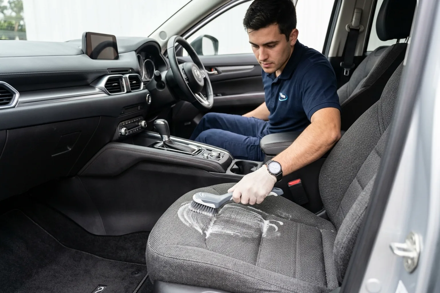 Agitating cloth car seat fabric with an upholstery brush to lift deep dirt before extraction