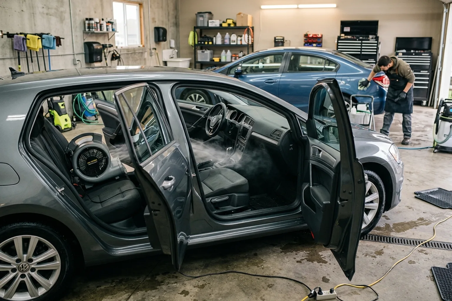 Using an air mover blower fan with open vehicle doors to dry cloth seats thoroughly and avoid mildew
