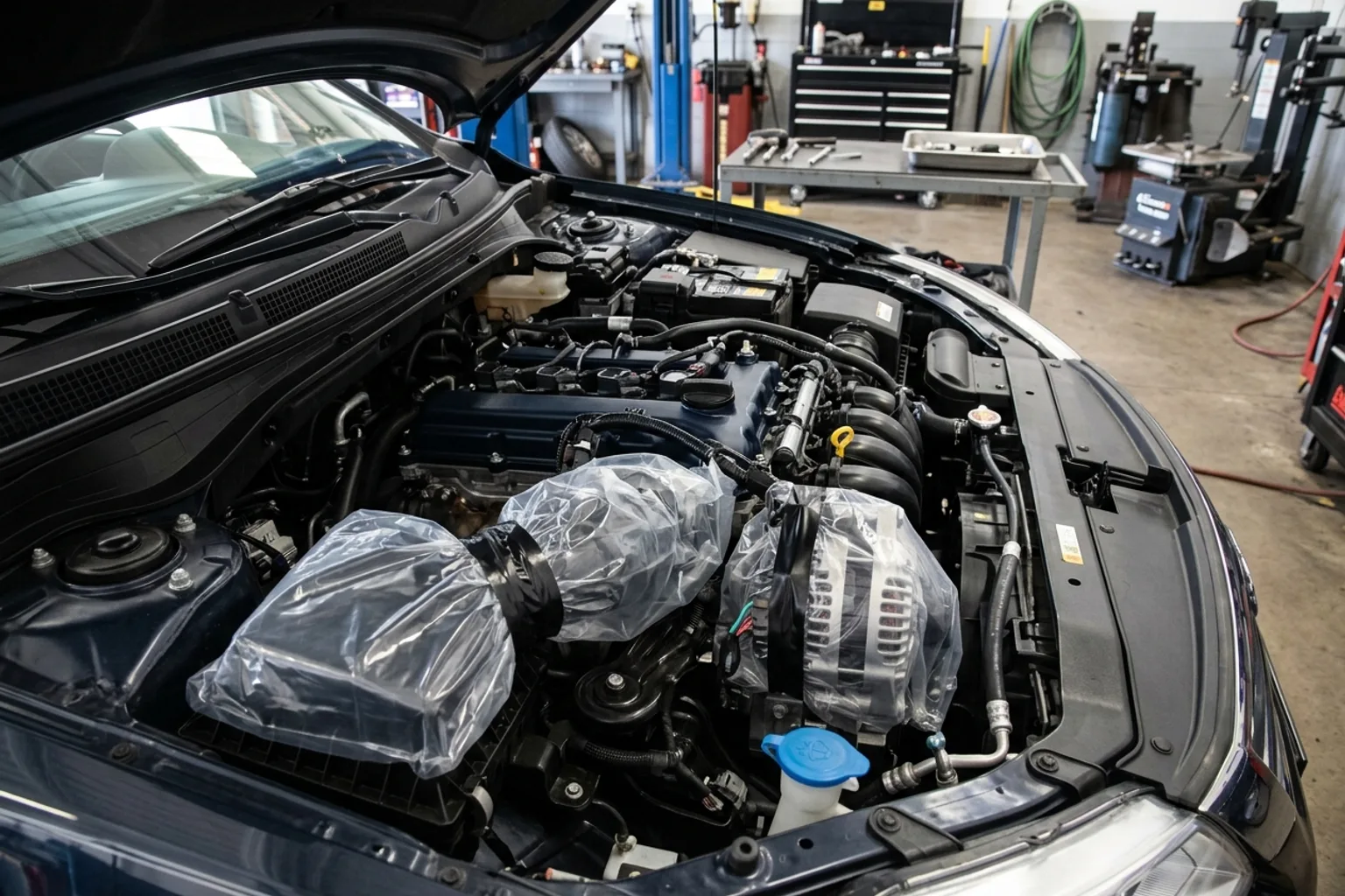 Alternator and open air intake securely bagged and taped before wetting the engine bay