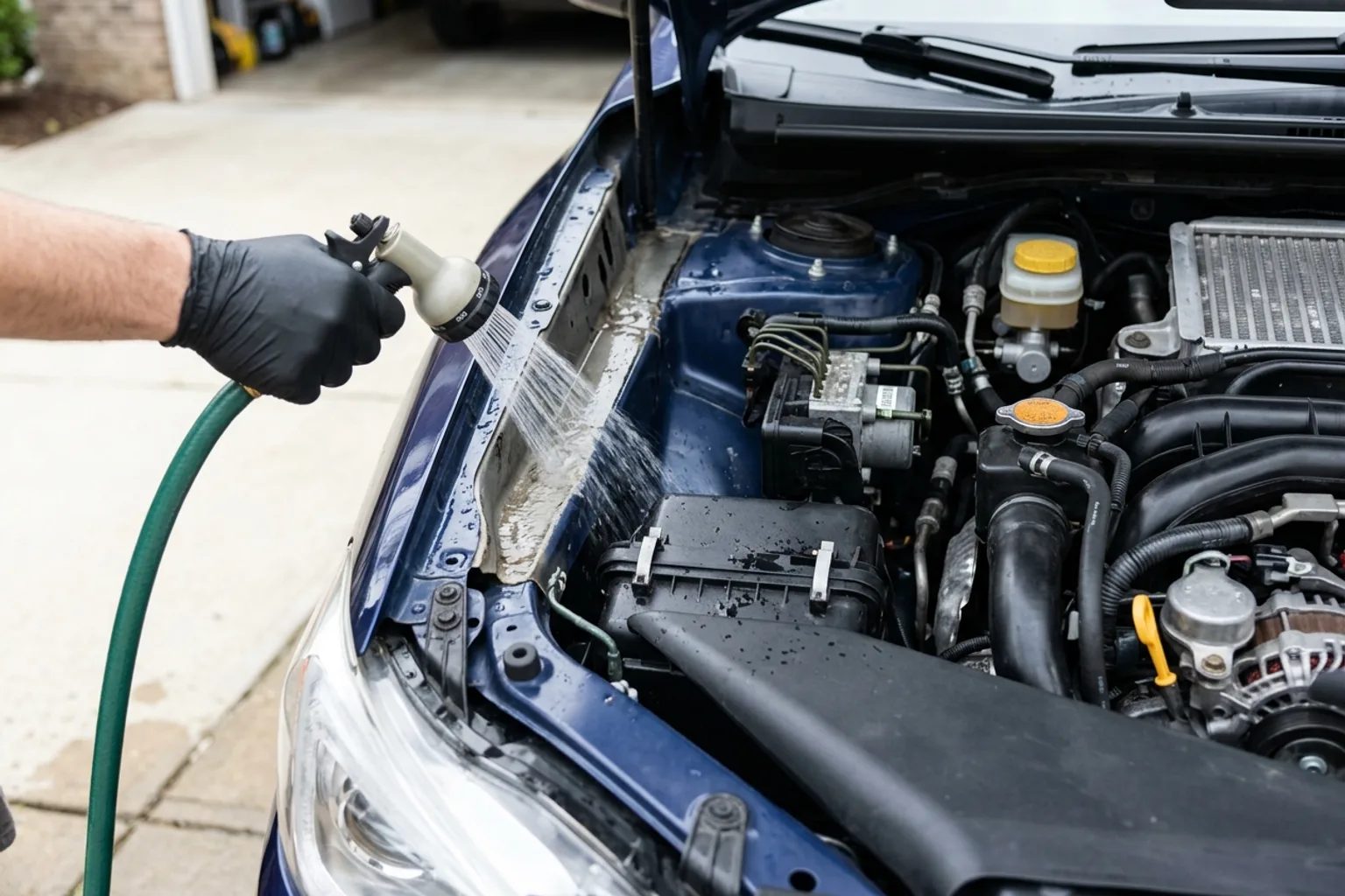 Rinsing engine bay perimeter channels with a gentle low-pressure shower spray