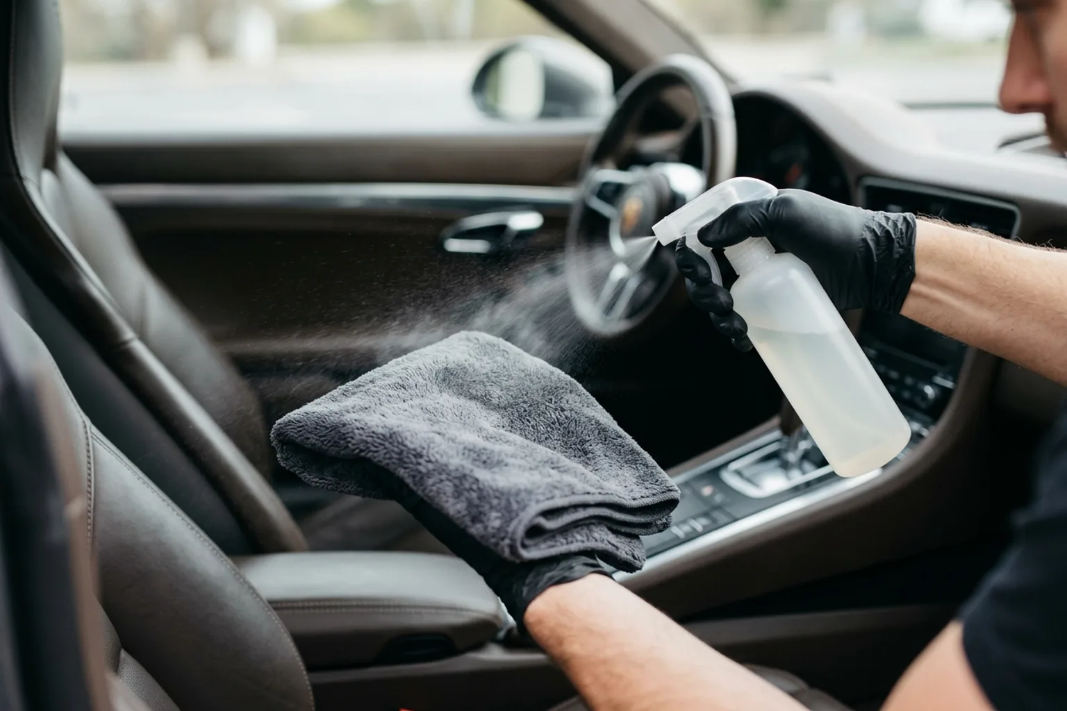 Misting leather cleaner directly onto a folded microfiber cloth to prevent liquid pooling in perforated seat holes