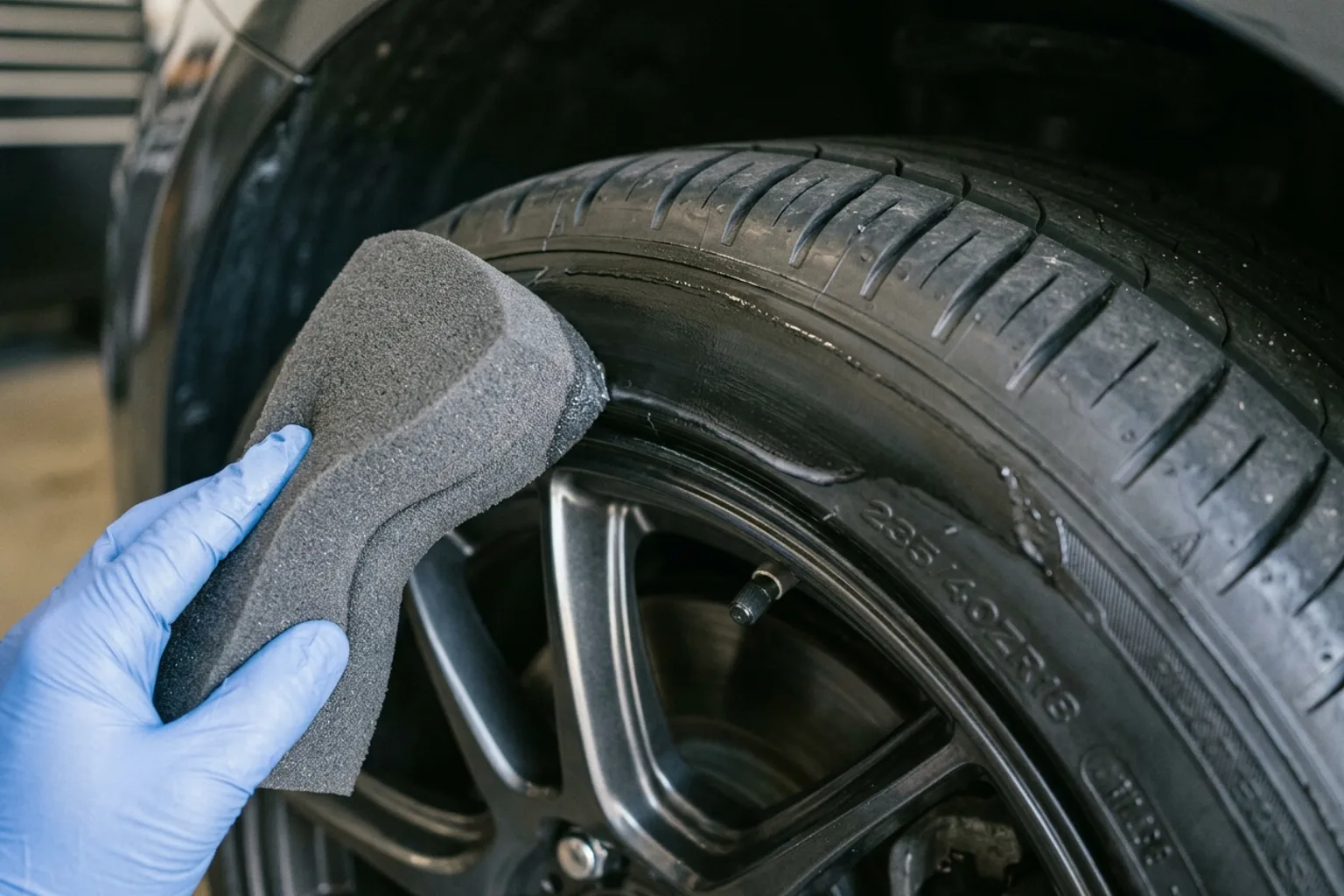 Spreading water-based tire dressing thinly with a curved foam applicator to prevent sling
