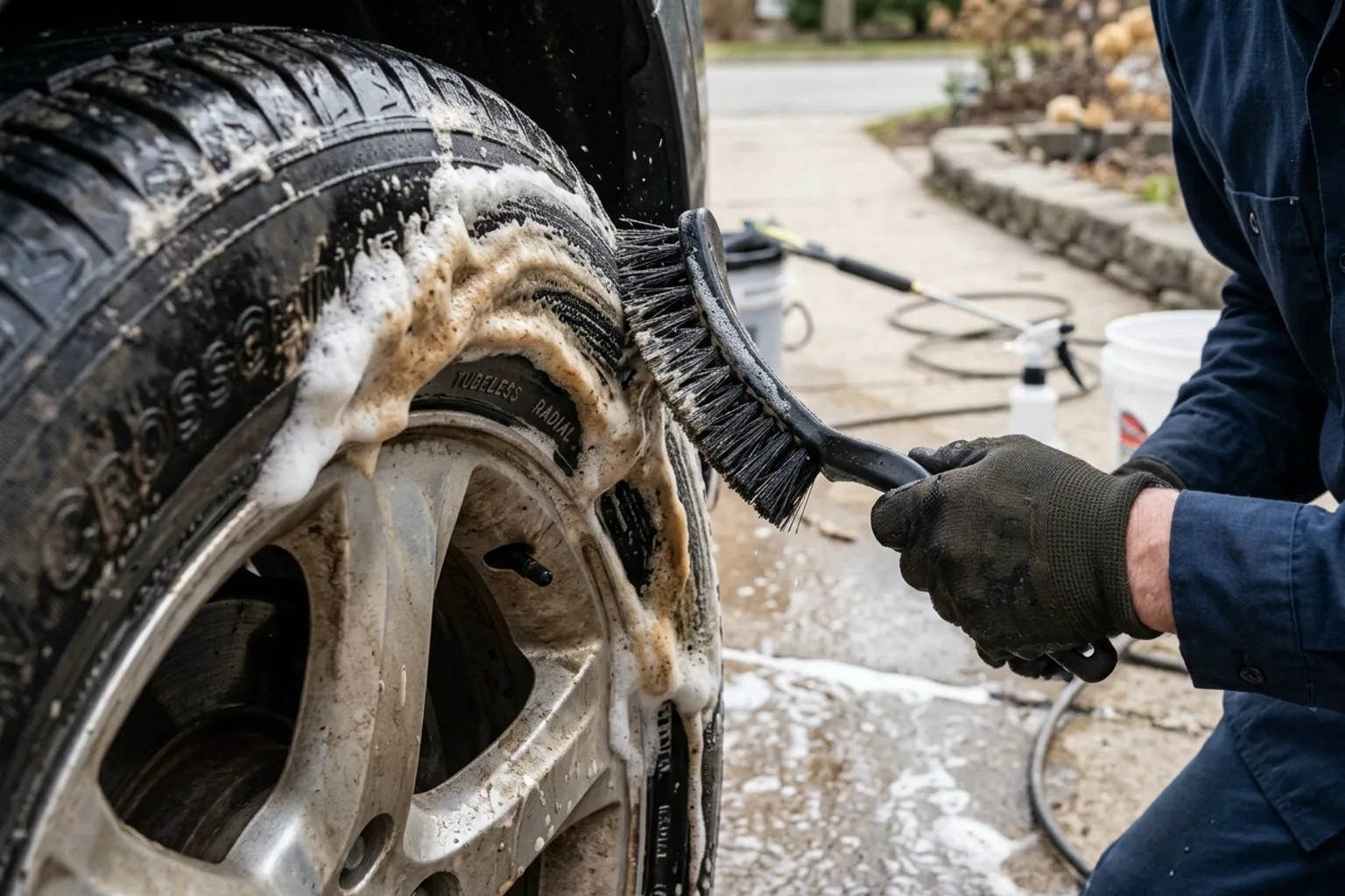 Scrubbing tire sidewall with a stiff bristle brush as cleaner draws brown blooming residue out of rubber pores