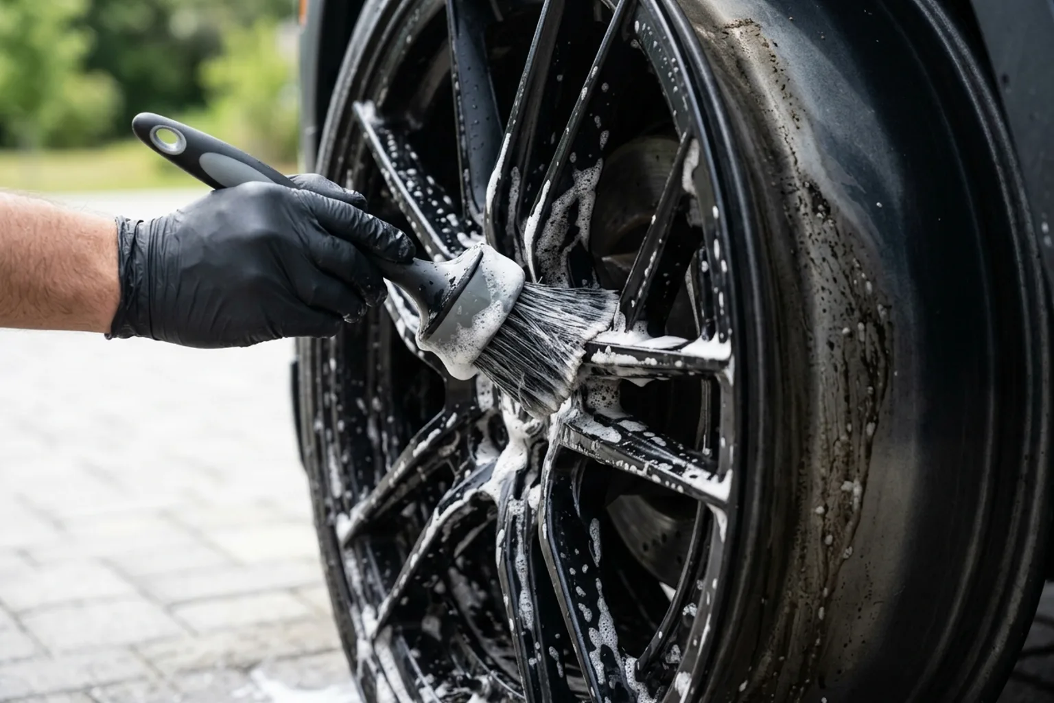 Cleaning brake dust from alloy wheel spokes with a dedicated soft wheel detailing brush