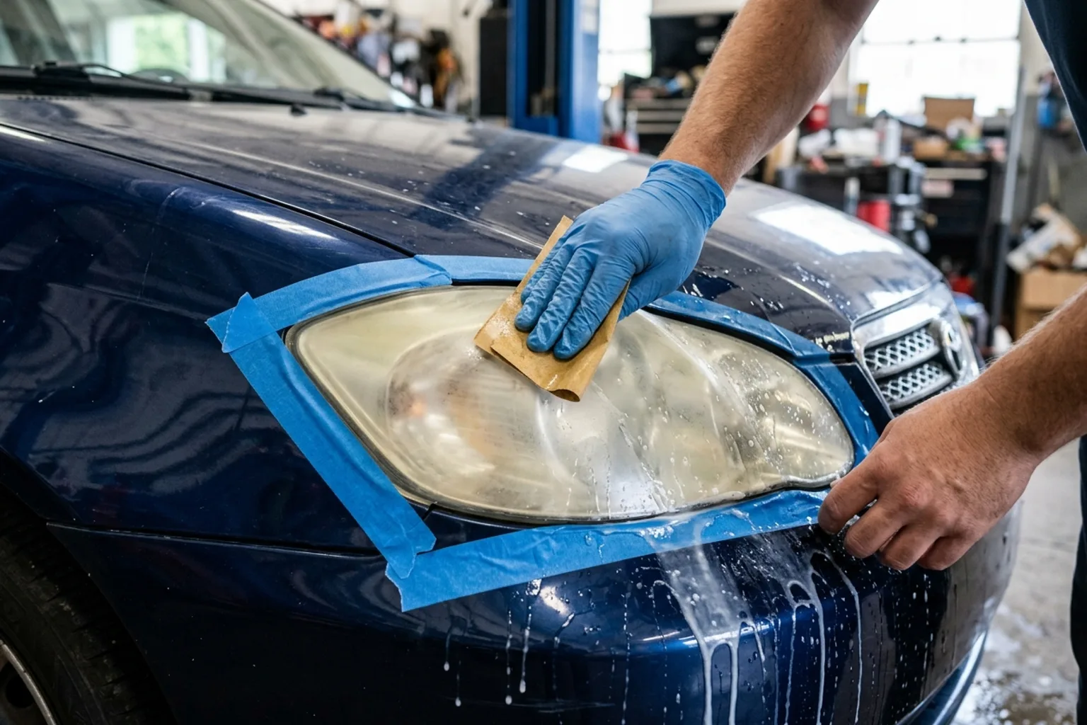 Wet sanding degraded yellowed clear coat from a headlight lens with taped paint margins