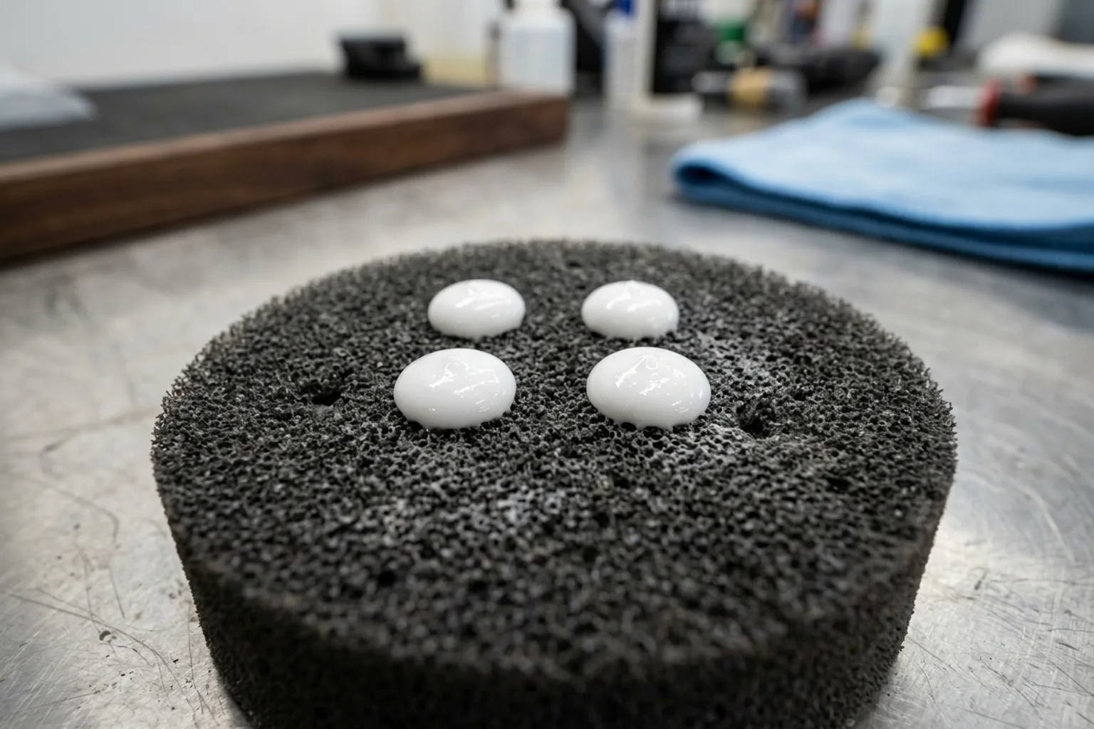 Four pea-sized dots of compound placed evenly on a fresh foam polishing pad