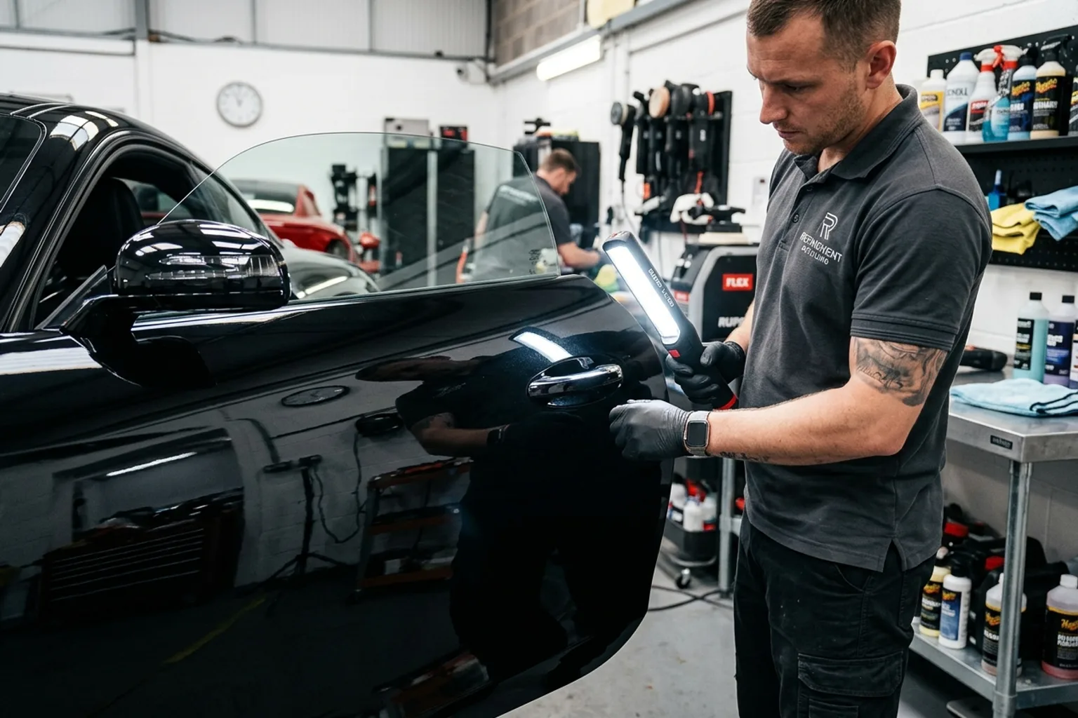 Inspecting corrected car paint clarity and defect removal with a high-CRI inspection light