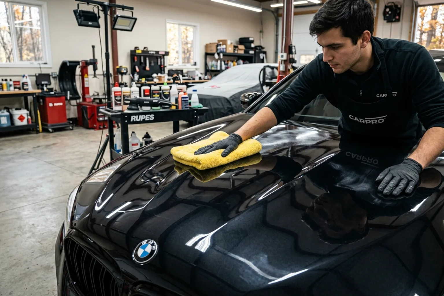 Buffing a durable synthetic sealant onto car paint as a sacrificial barrier against winter road brine