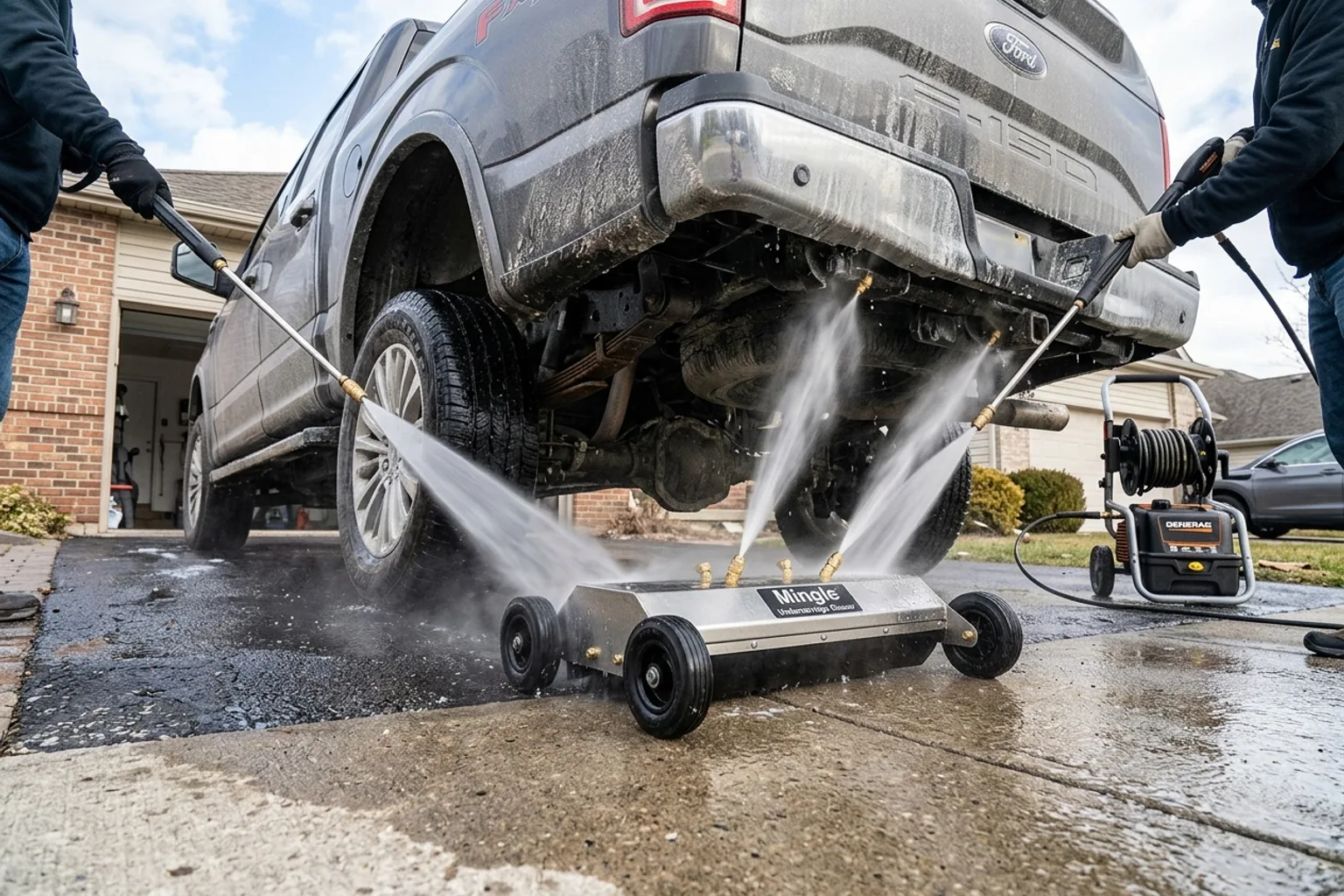 Rolling an undercarriage water broom pressure washer attachment under chassis to flush out road salt