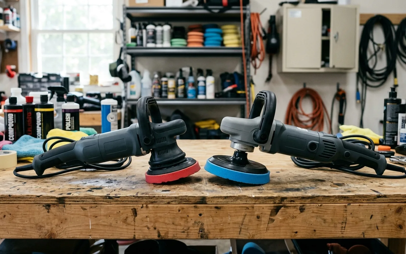 Two unbranded dual-action polishers with different throw sizes