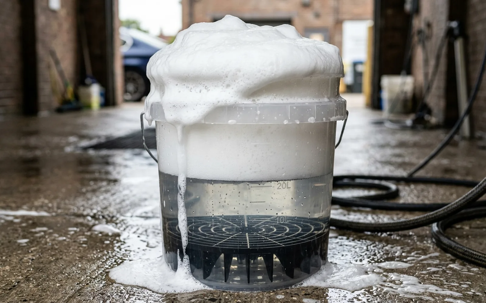 Pale car wash foam in a clear bucket for coating-safe maintenance