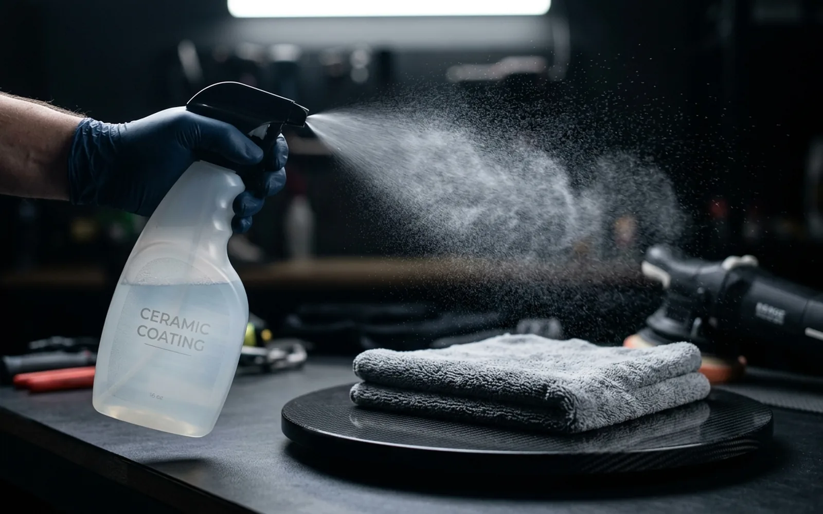 Unbranded ceramic spray coating beside a microfiber cloth