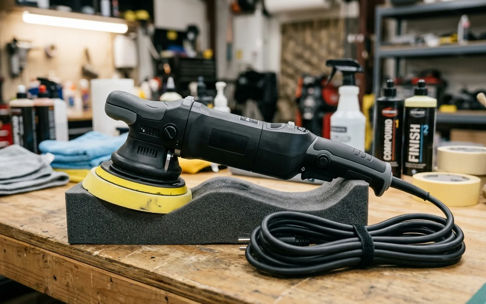 Dual-action orbital polisher with foam pad on a detailing bench