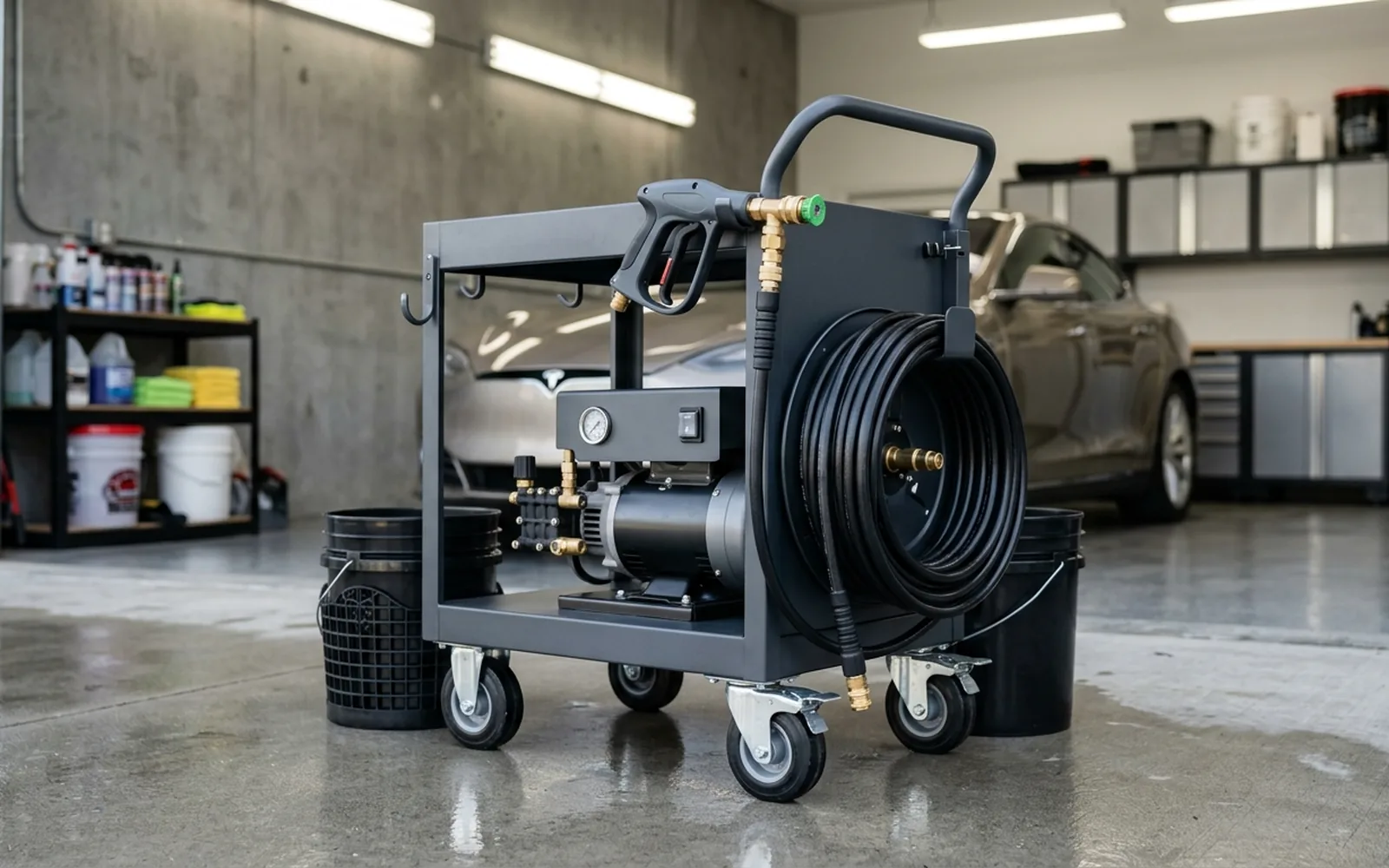 Compact electric pressure washer on a mobile detailing cart