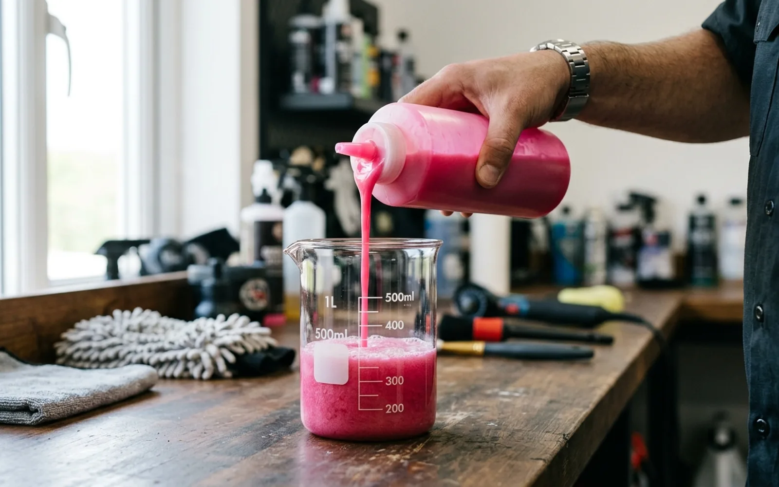 Concentrated unbranded foam cannon soap on a detailing bench