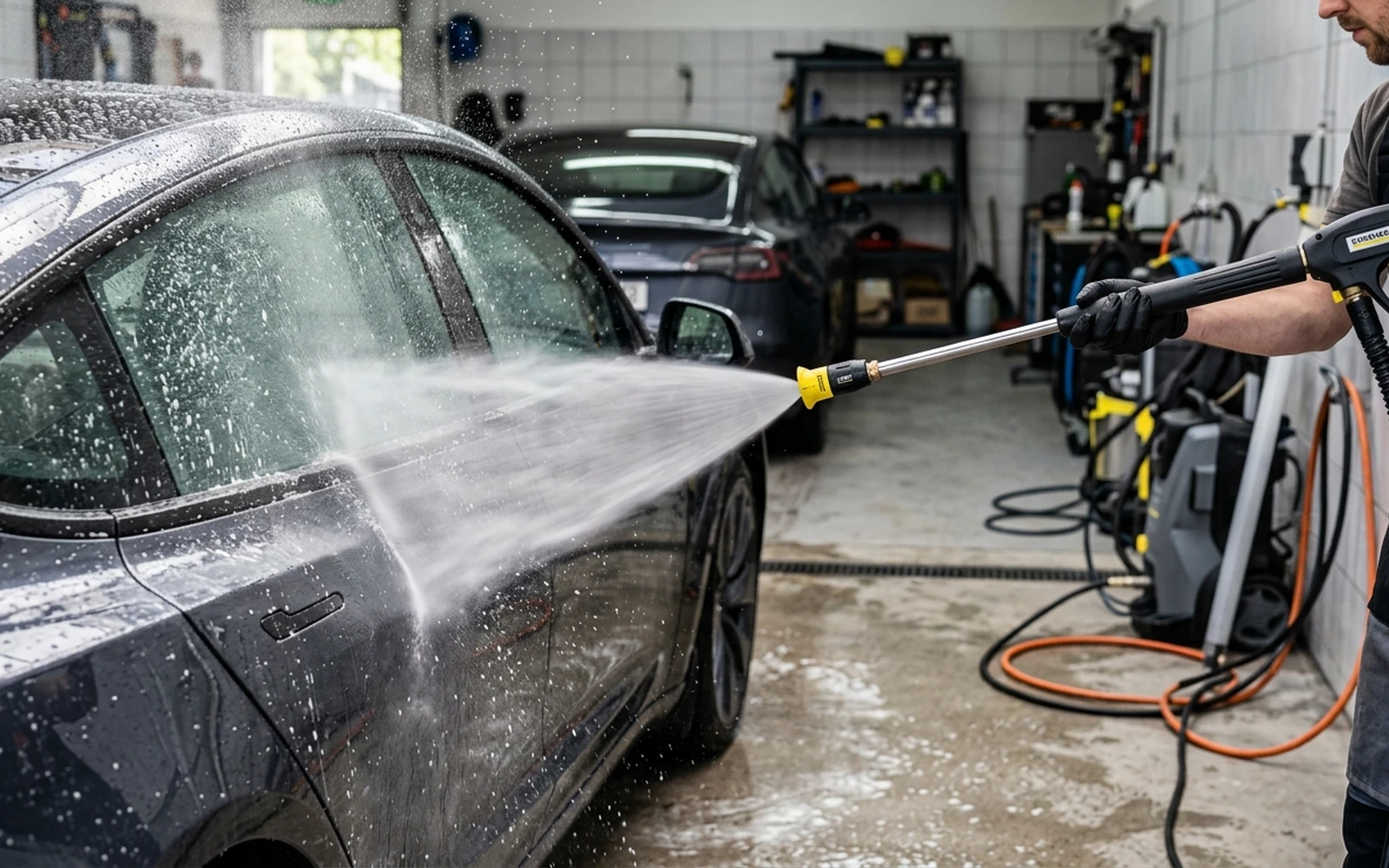 Spraying generous mist of clay lubricant over glossy automotive clearcoat fender