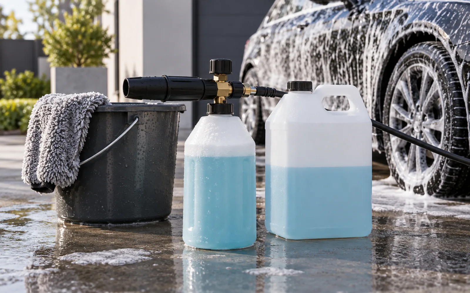 Foam lance and wash container ready for a coating maintenance wash