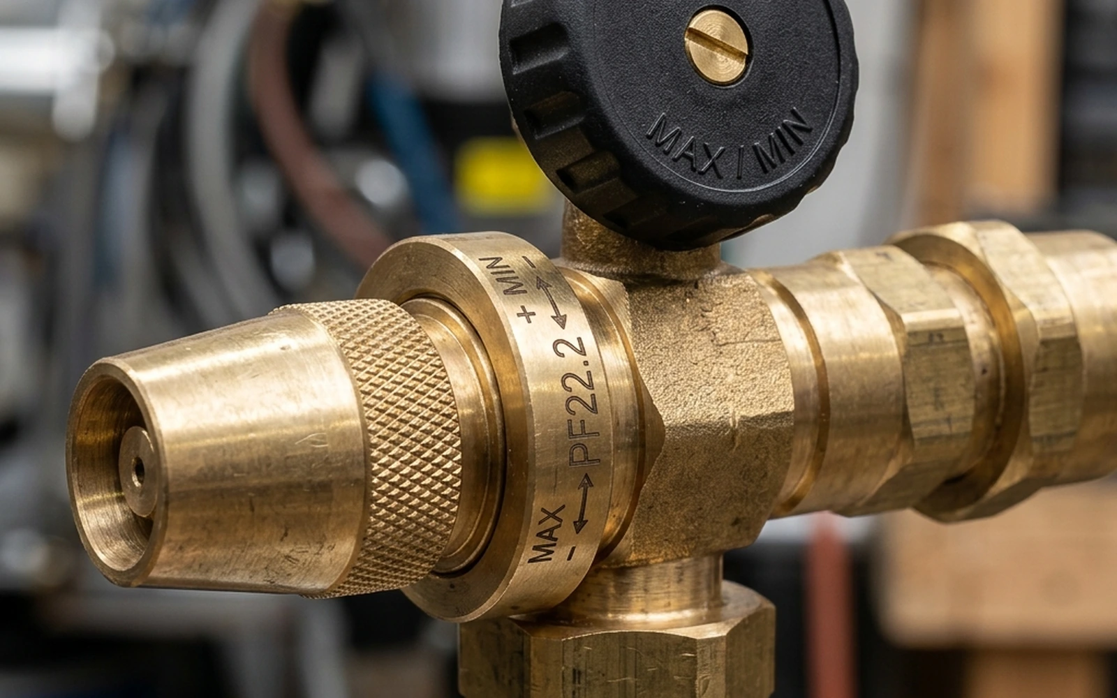 Detailer adjusting the top air mixture chemical knob on a brass foam cannon