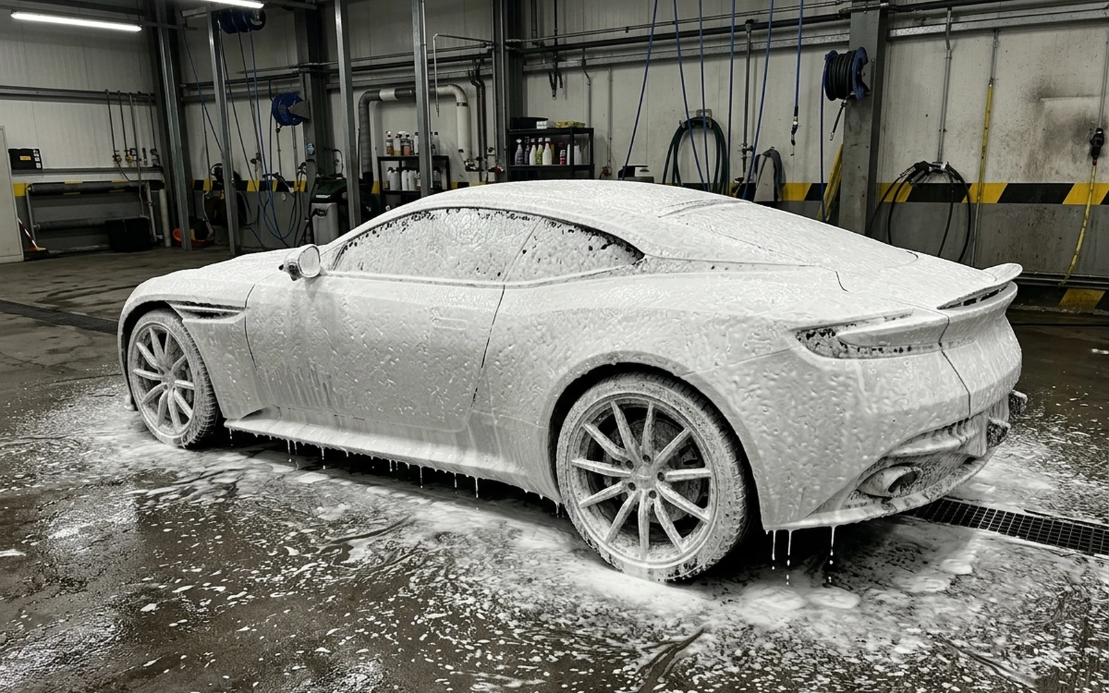 Thick white foam clinging to a vehicle panel during a pre-wash