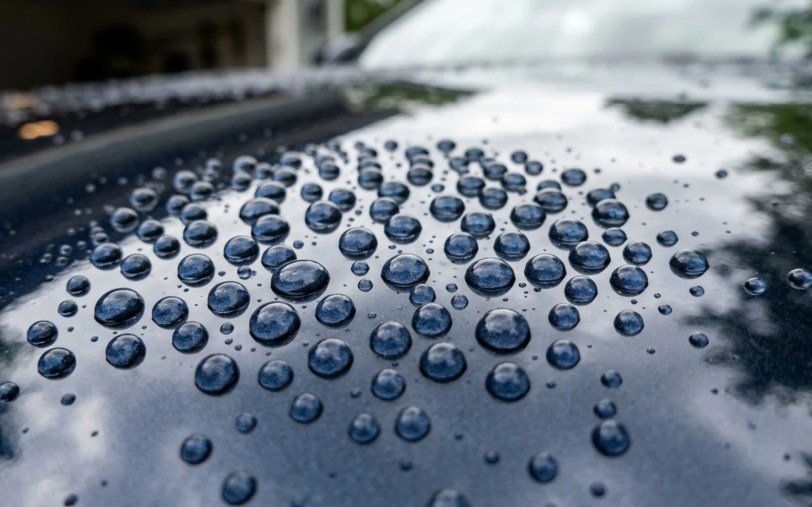 Water beading on a dark car hood after paint protection