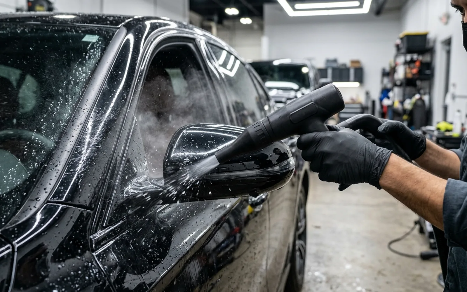 Air blower removing trapped water from car mirror trim during drying