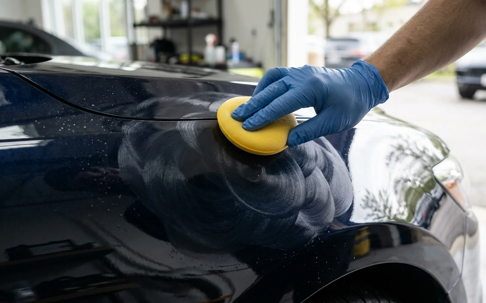 Hand polishing a dark automotive paint panel with a foam applicator