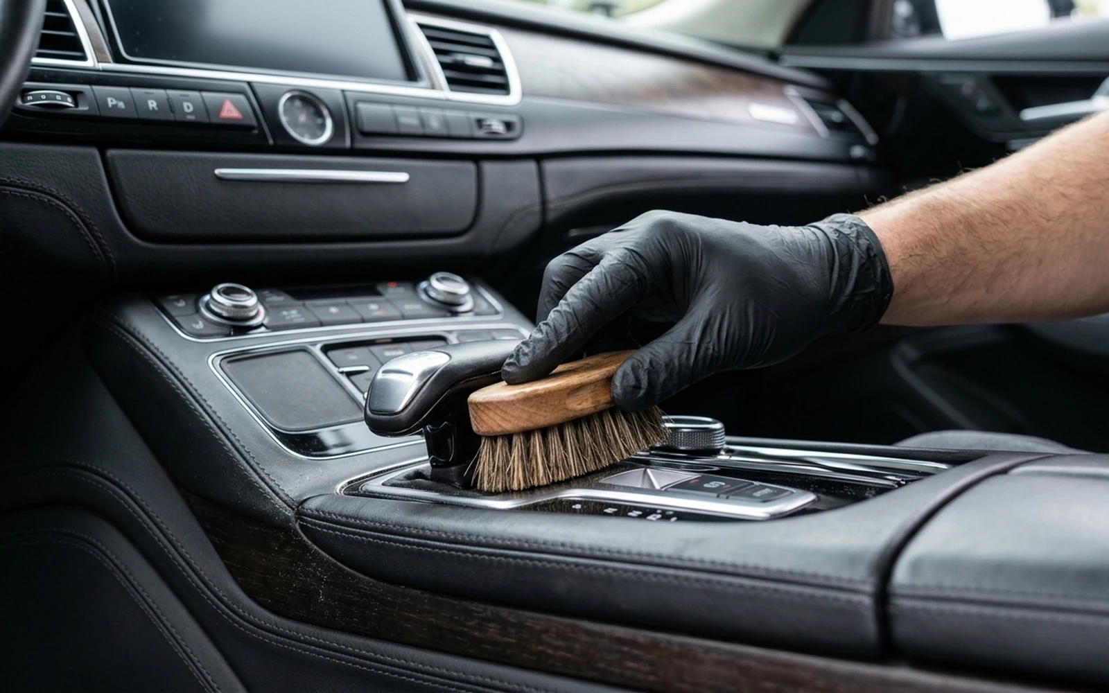 Soft brush working foam into a leather seat surface
