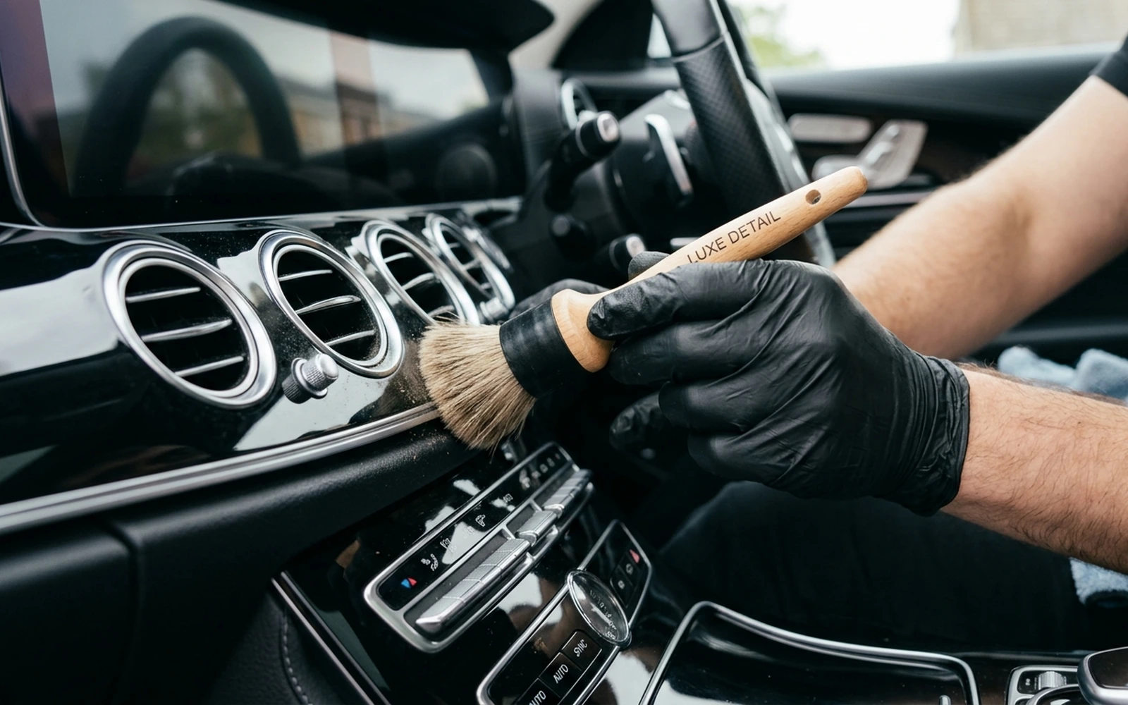 Microfiber towel wiping a matte steering wheel surface