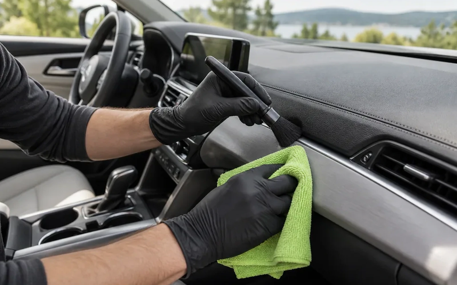 Soft synthetic brush cleaning dust from a dashboard air vent