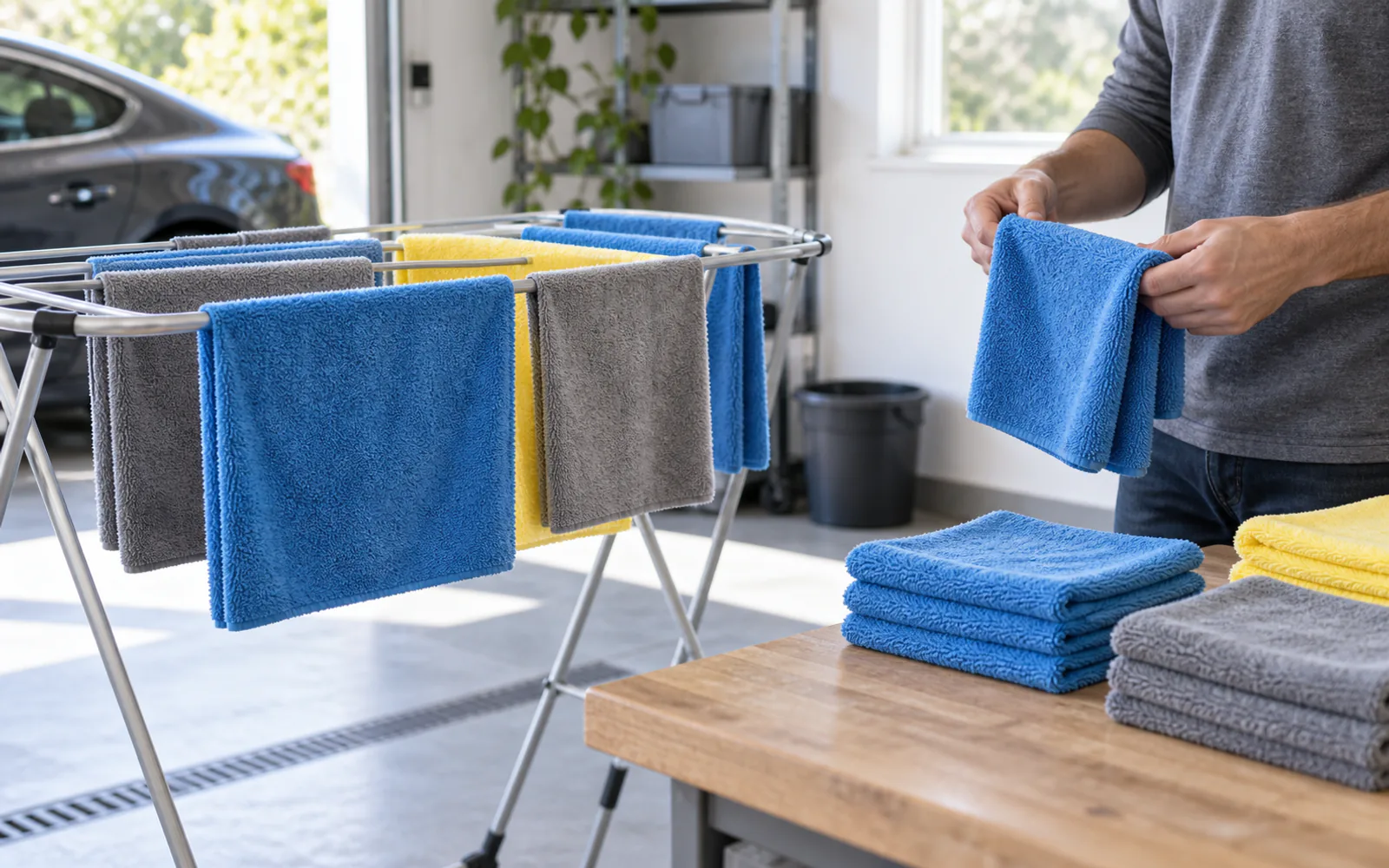 Plain microfiber towels being sorted and air-dried on a simple rack for how to wash microfiber towels