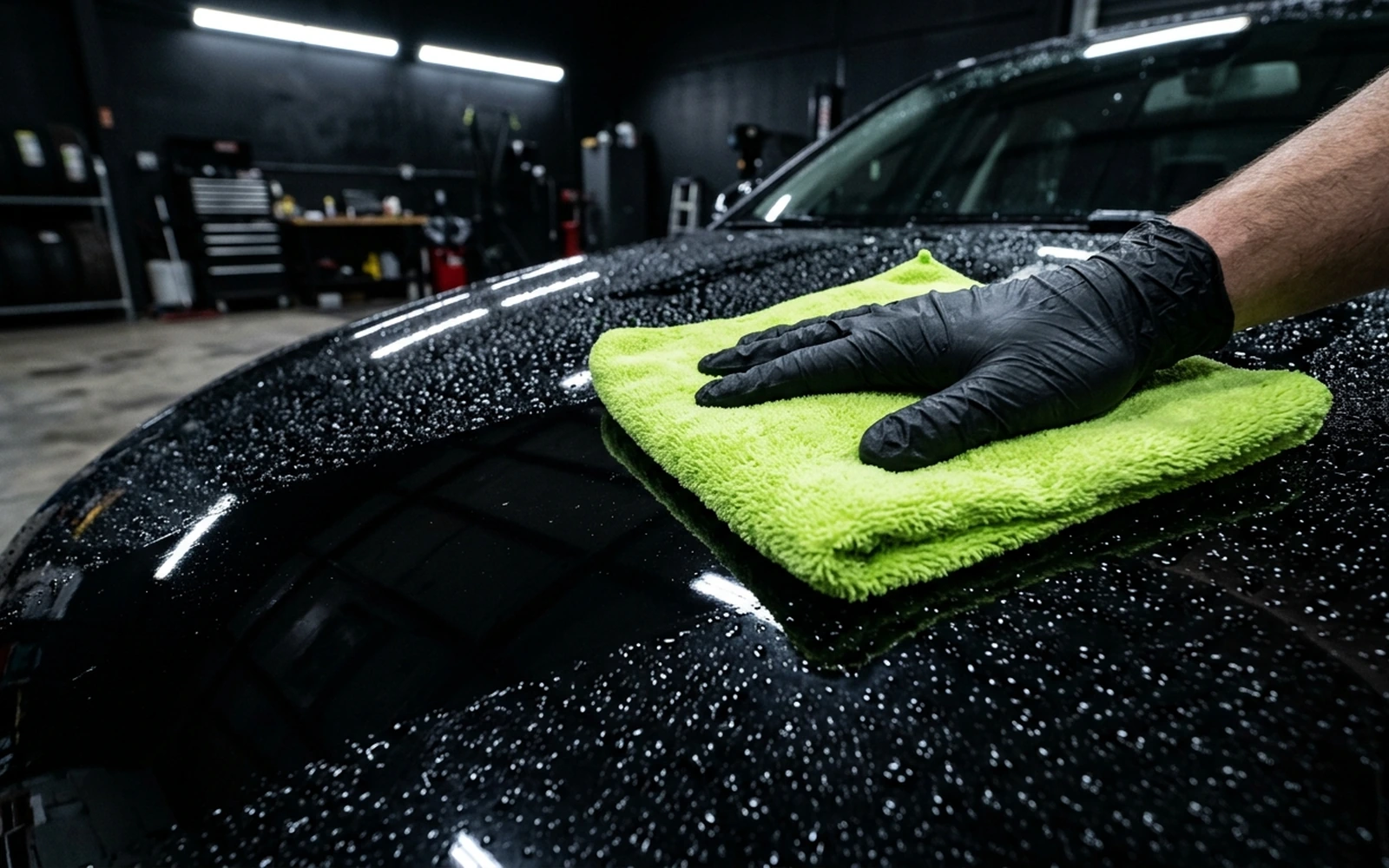 Giant twist-loop 900 GSM microfiber drying towel draped across vehicle hood absorbing water