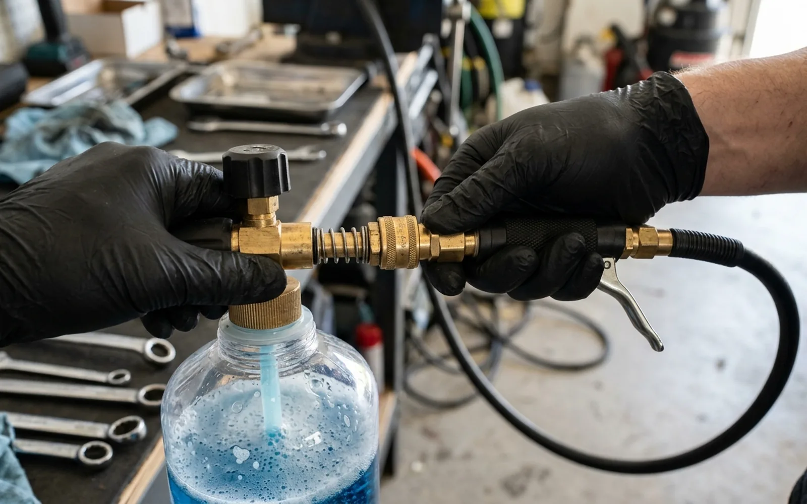 Hands connecting a foam cannon to a compact pressure washer spray gun