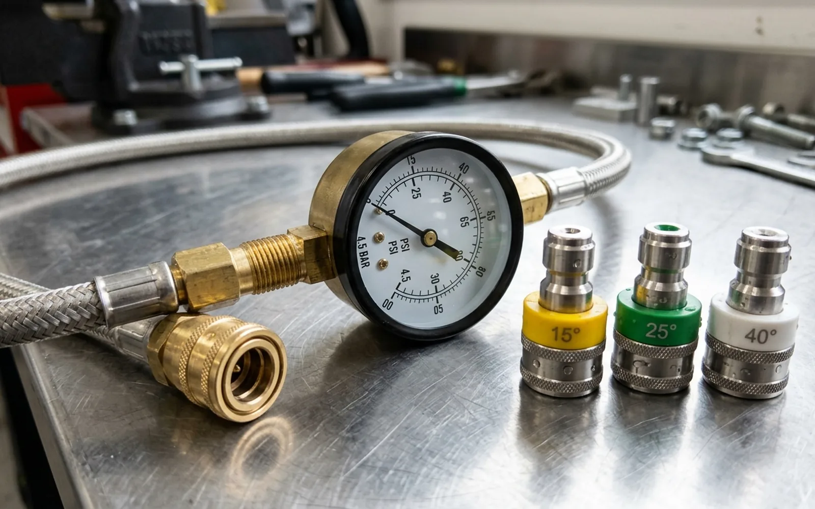 Inline pressure gauge and spray tips on a workshop bench