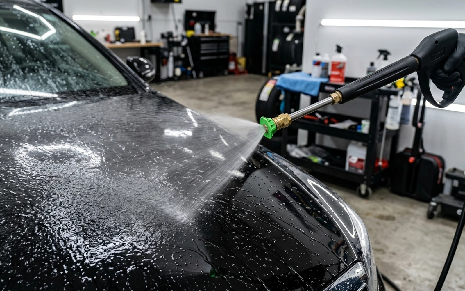 Green 25-degree wide fan spray nozzle rinsing dark car paint at a safe 2-foot distance in garage