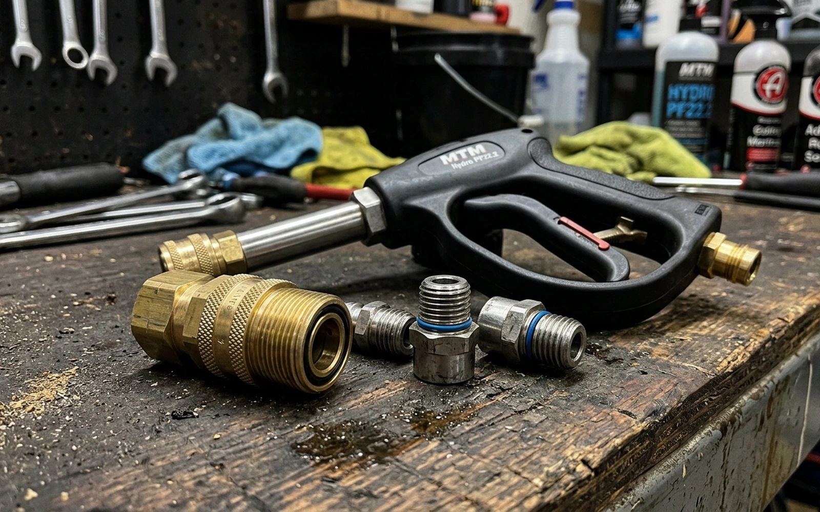Brass M22 quick-connect couplers and stubby trigger gun resting on garage workbench