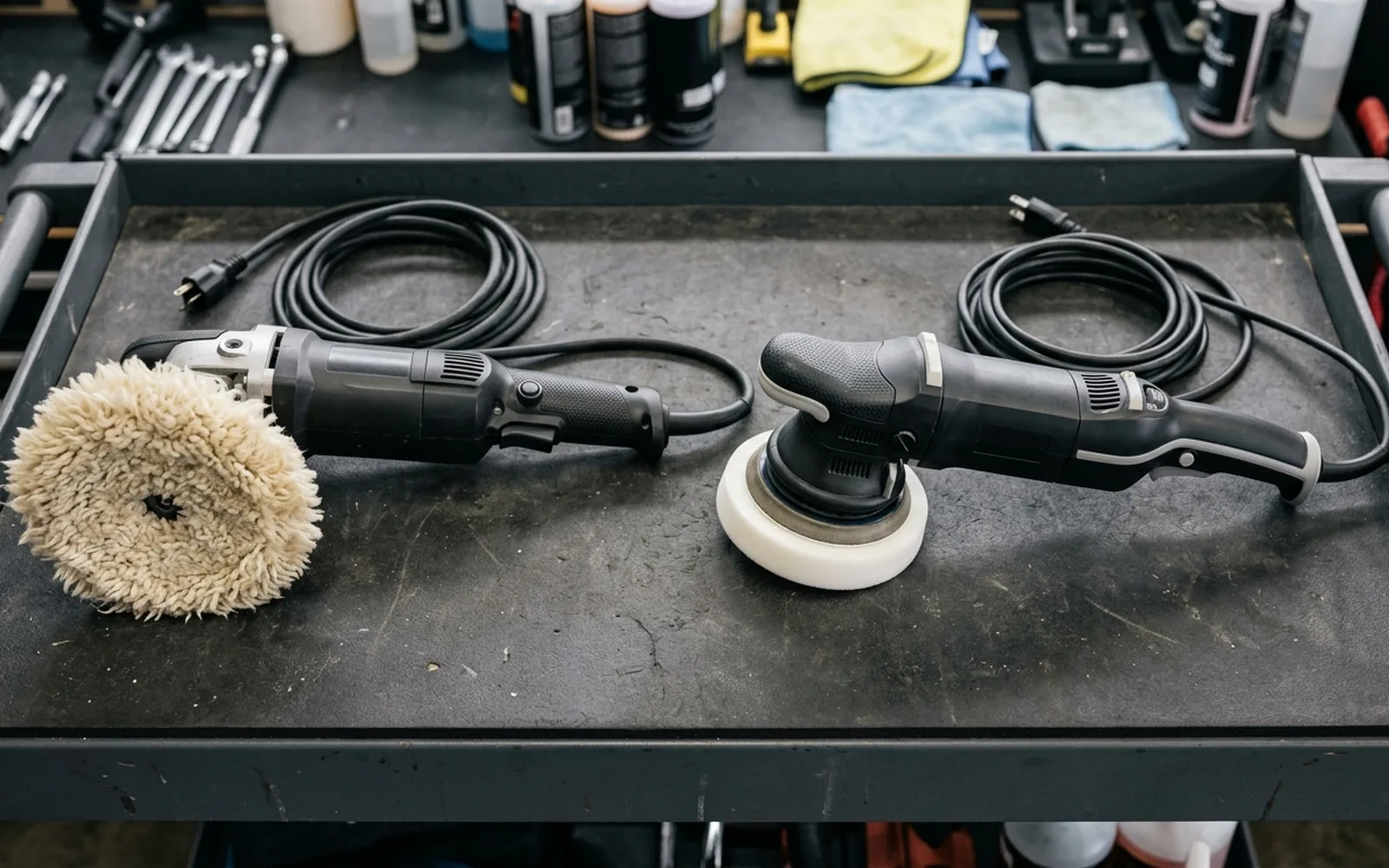 Rotary buffer and dual-action polisher compared on a workshop table