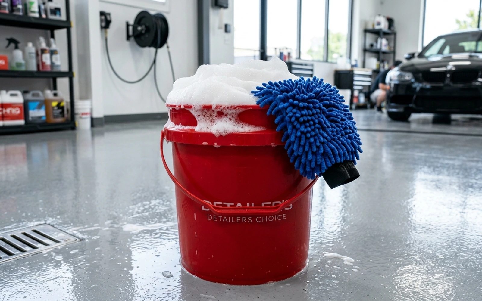 Scrubbing microfiber wash mitt against grit guard at the bottom of the rinse bucket