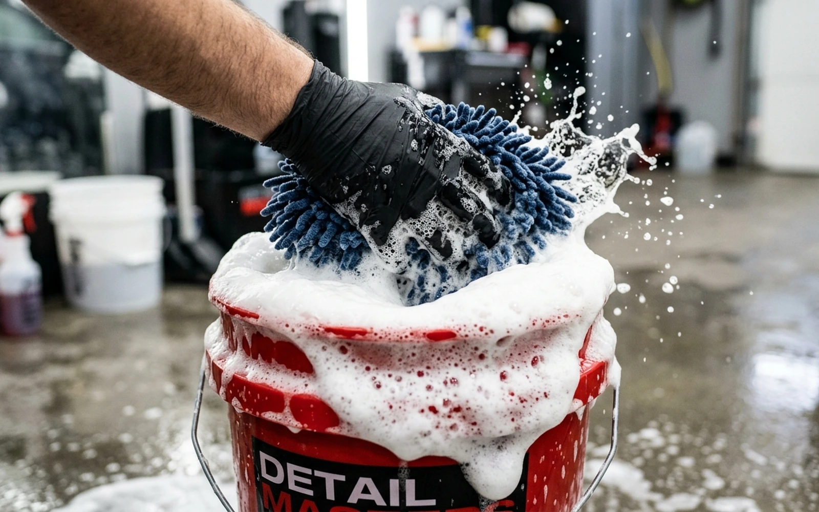 Plush microfiber wash mitt being dipped into thick soapy car wash suds in bucket
