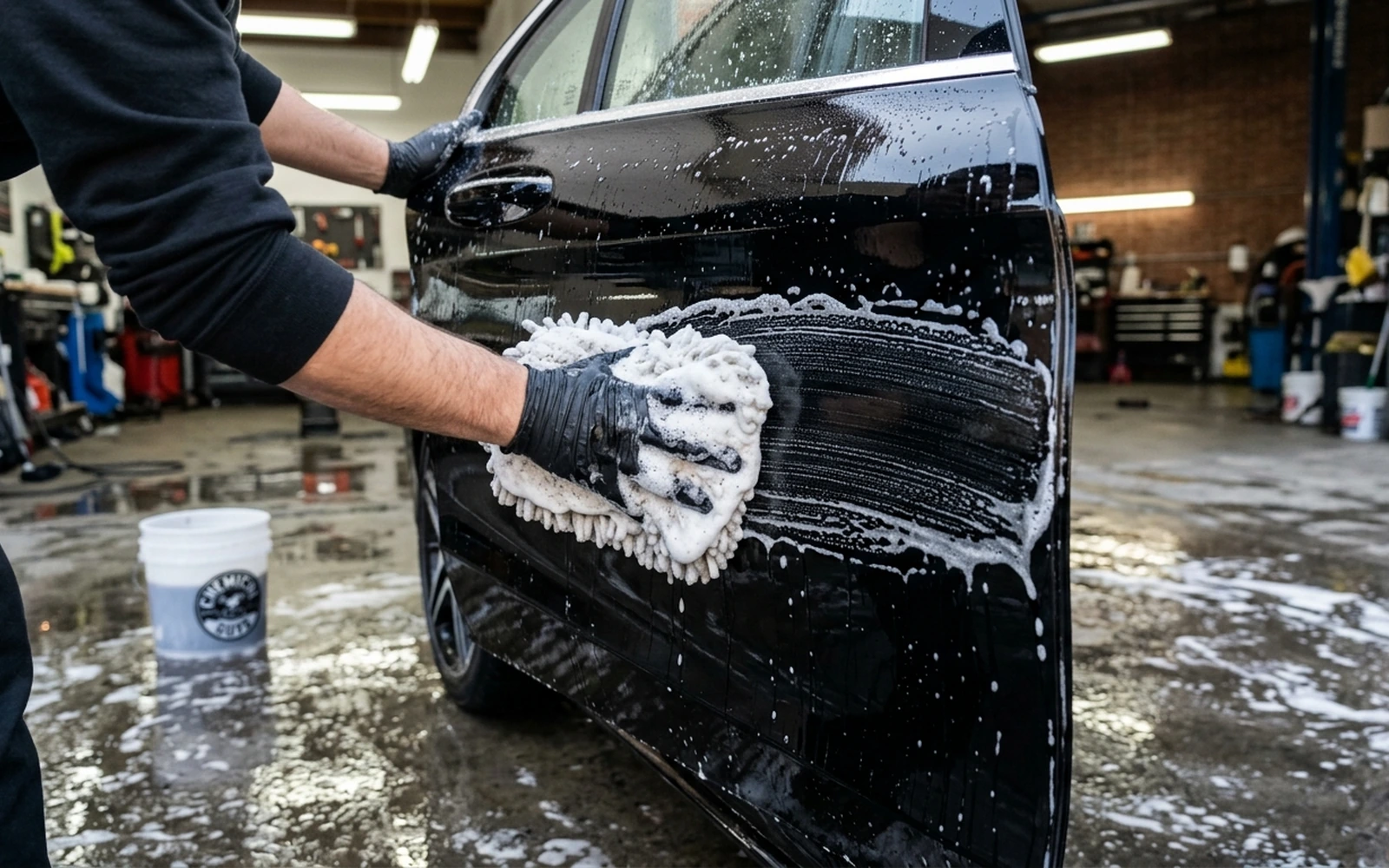 Gloved detailer hand washing vehicle door in smooth straight horizontal overlapping passes