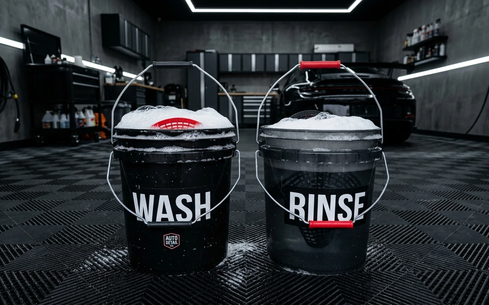Two-bucket wash station arranged beside a vehicle in a detailing space