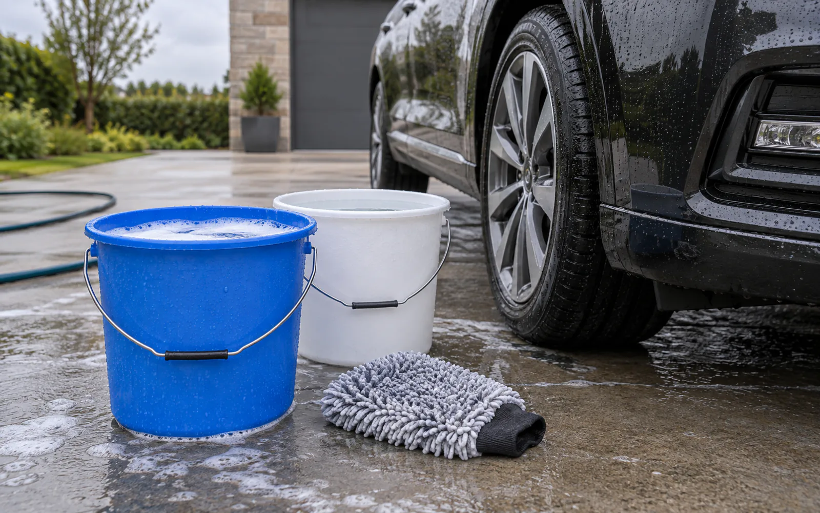 Two-bucket wash setup used for careful coating maintenance