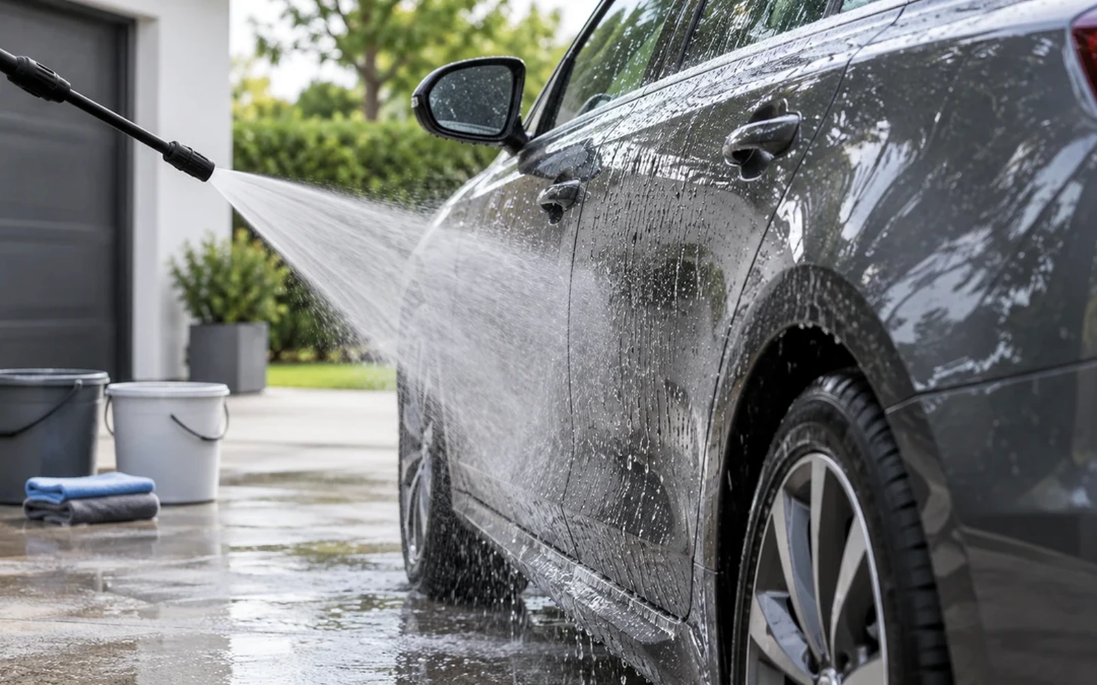 High GPM heavy water curtain flushing soap suds effortlessly off vehicle roof