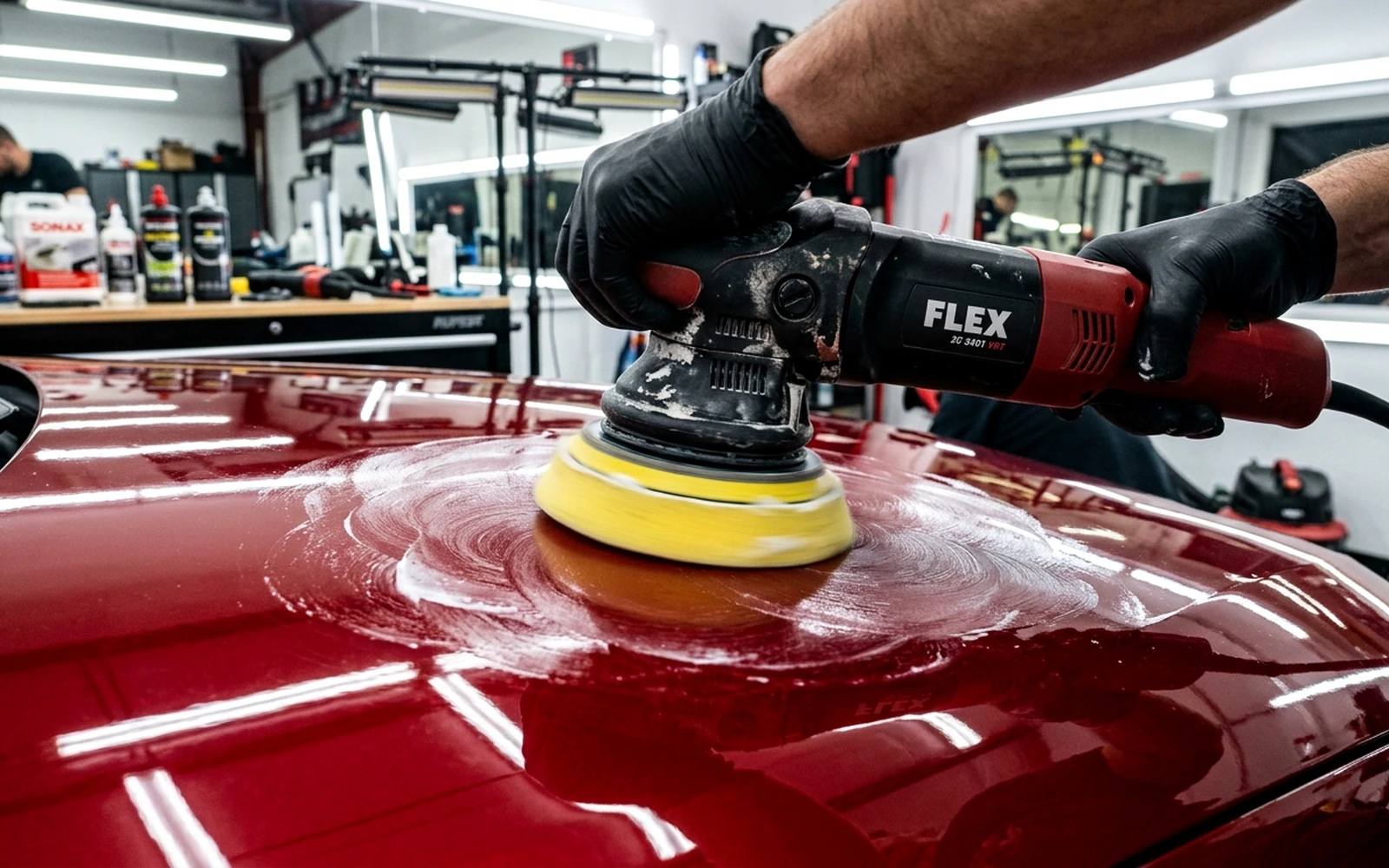 Detailing pad conditioning brush removing caked residue from rotating pad