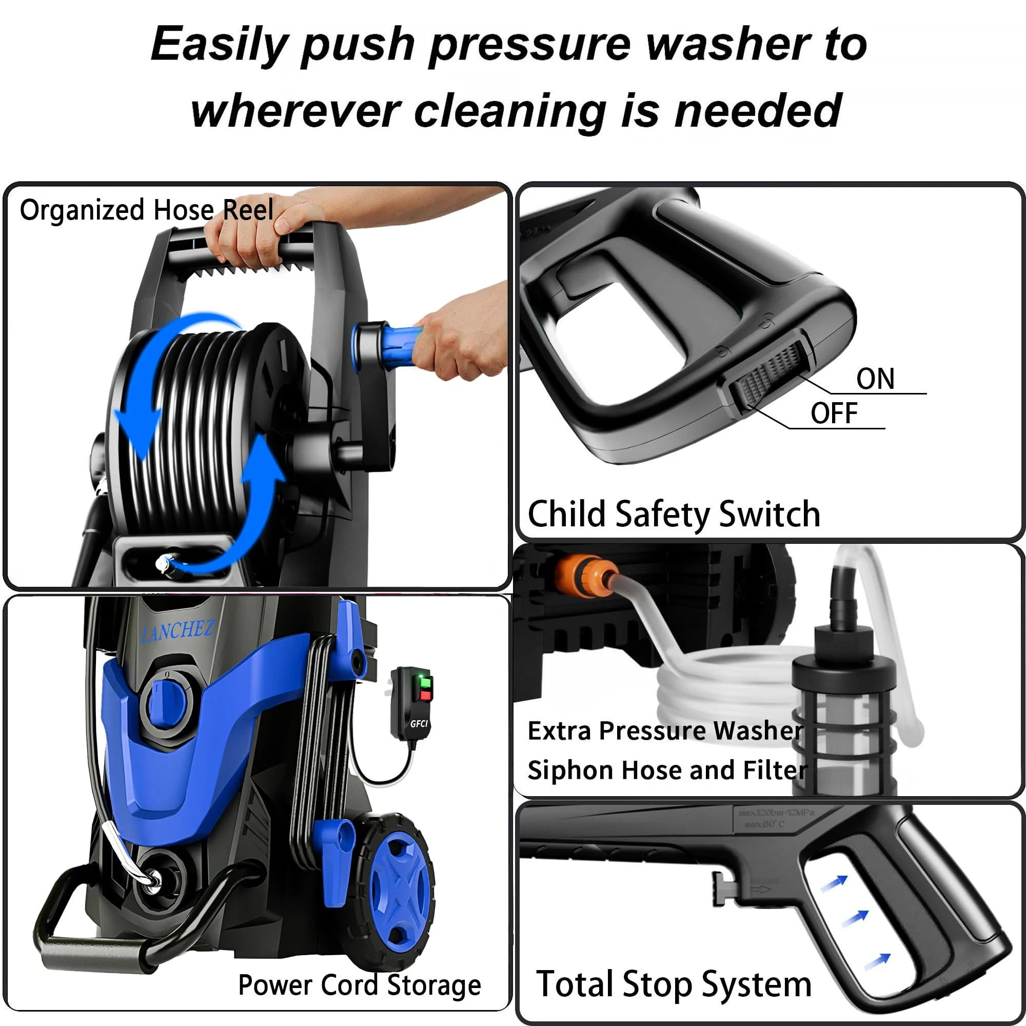 2026Upgraded 4800 MAX Pressure Washer w/5 Quick Connect Nozzles, 35ft Power Cord w/GFCI, Inlet Hose & Filter& Soap Tank for C product photo, view 7 of 17