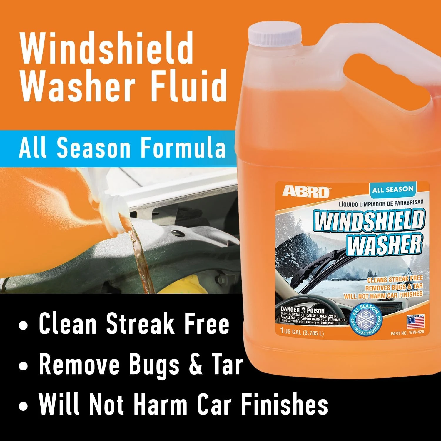 ABRO Windshield Washer Fluid 1 Gallon, Streak-Free Bug Remover, 1 Pack | Ready-to-use, streak-free, removes bugs and road gri product photo, view 6 of 15