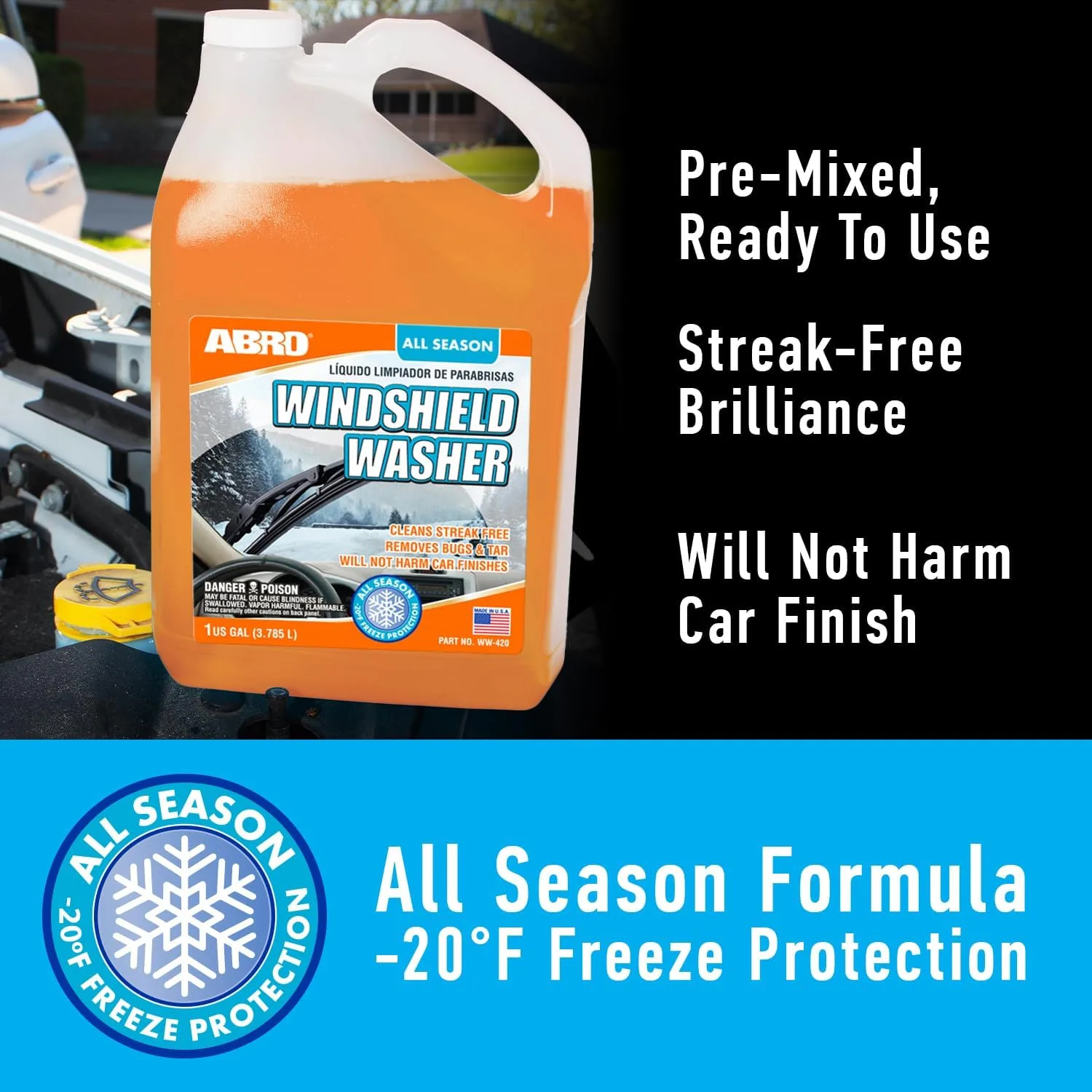 ABRO Windshield Washer Fluid 1 Gallon, Streak-Free Bug Remover, 1 Pack | Ready-to-use, streak-free, removes bugs and road gri product photo, view 12 of 15