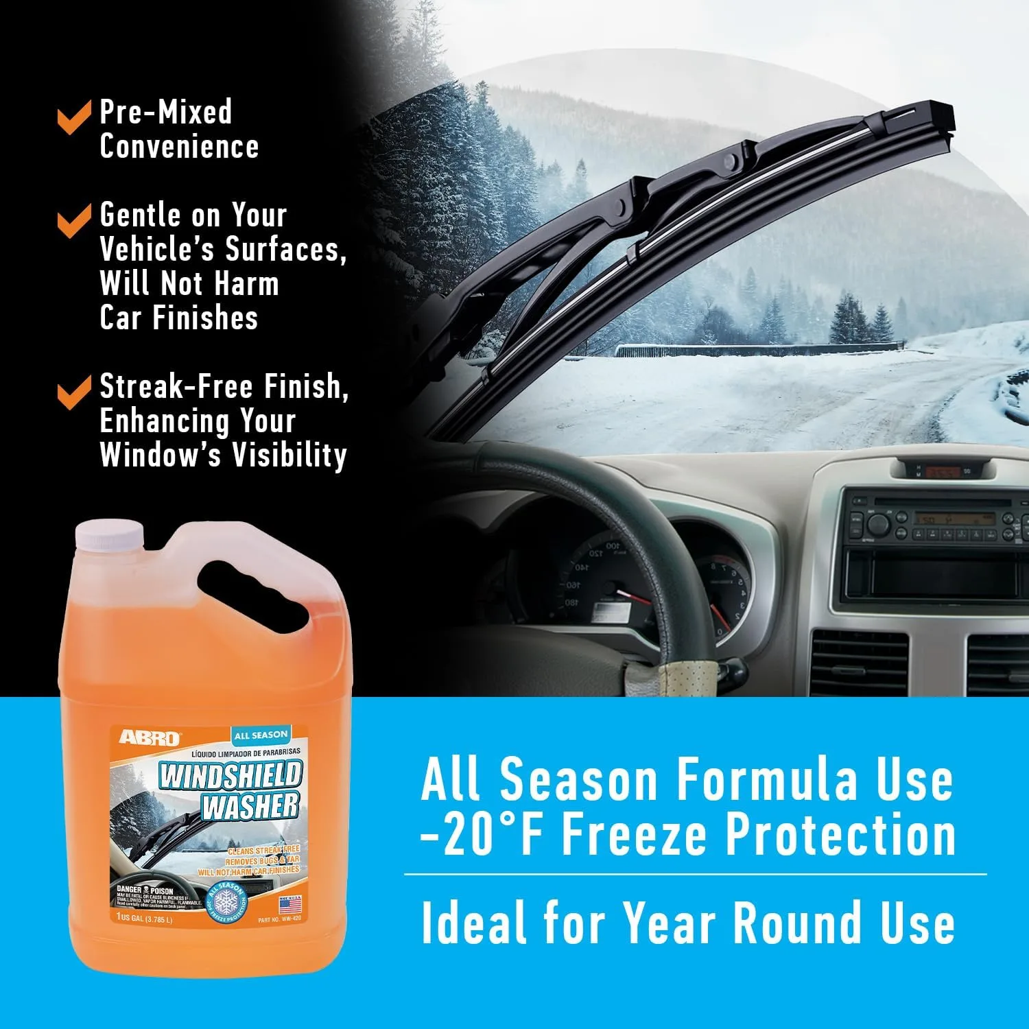 ABRO Windshield Washer Fluid 1 Gallon, Streak-Free Bug Remover, 1 Pack | Ready-to-use, streak-free, removes bugs and road gri product photo, view 14 of 15