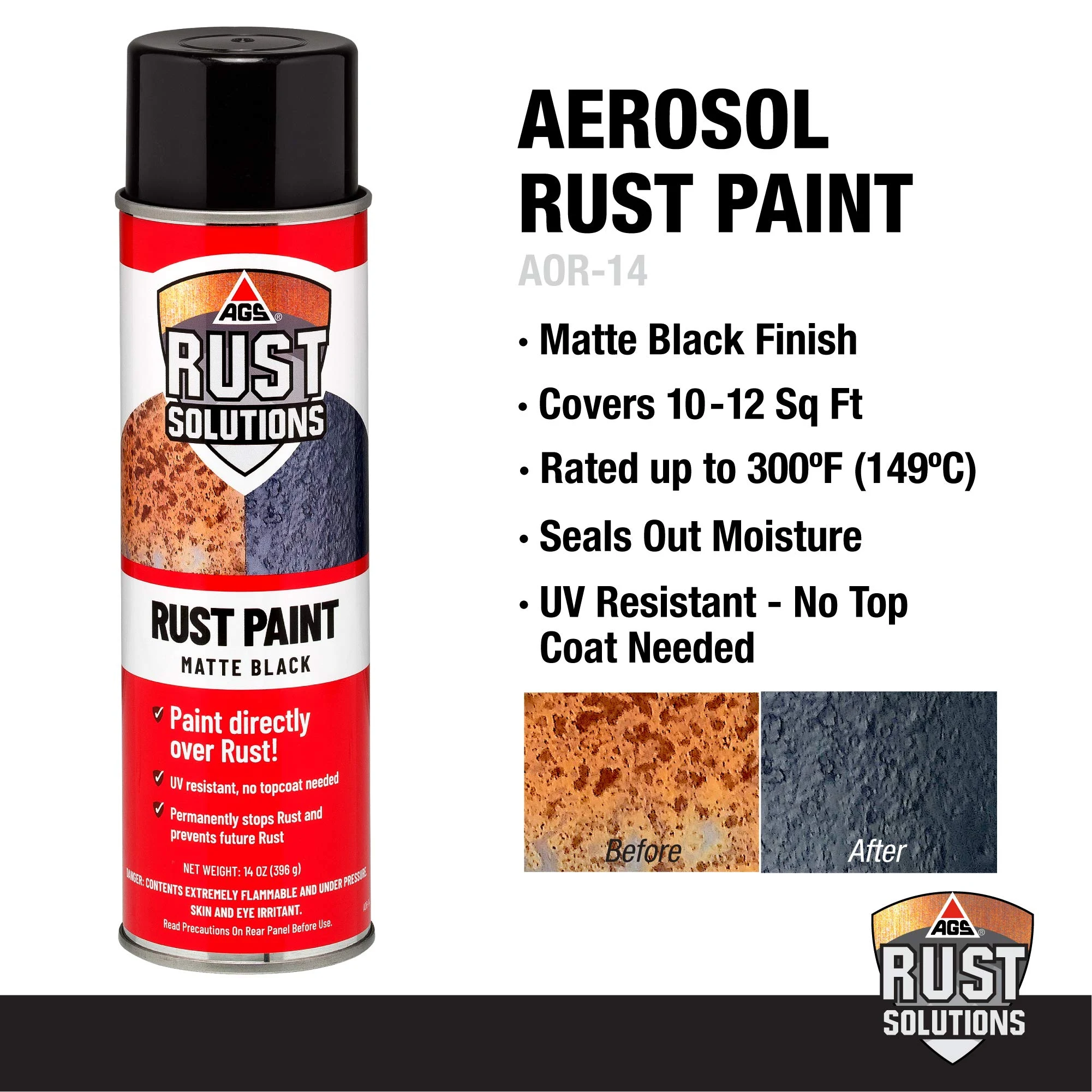 AGS RUST SOLUTIONS Rust Stop Spray Paint for Metal, 14oz Aerosol Can – Matte Black Finish, Epoxy-Fortified Corrosion Protecti product photo, view 6 of 15